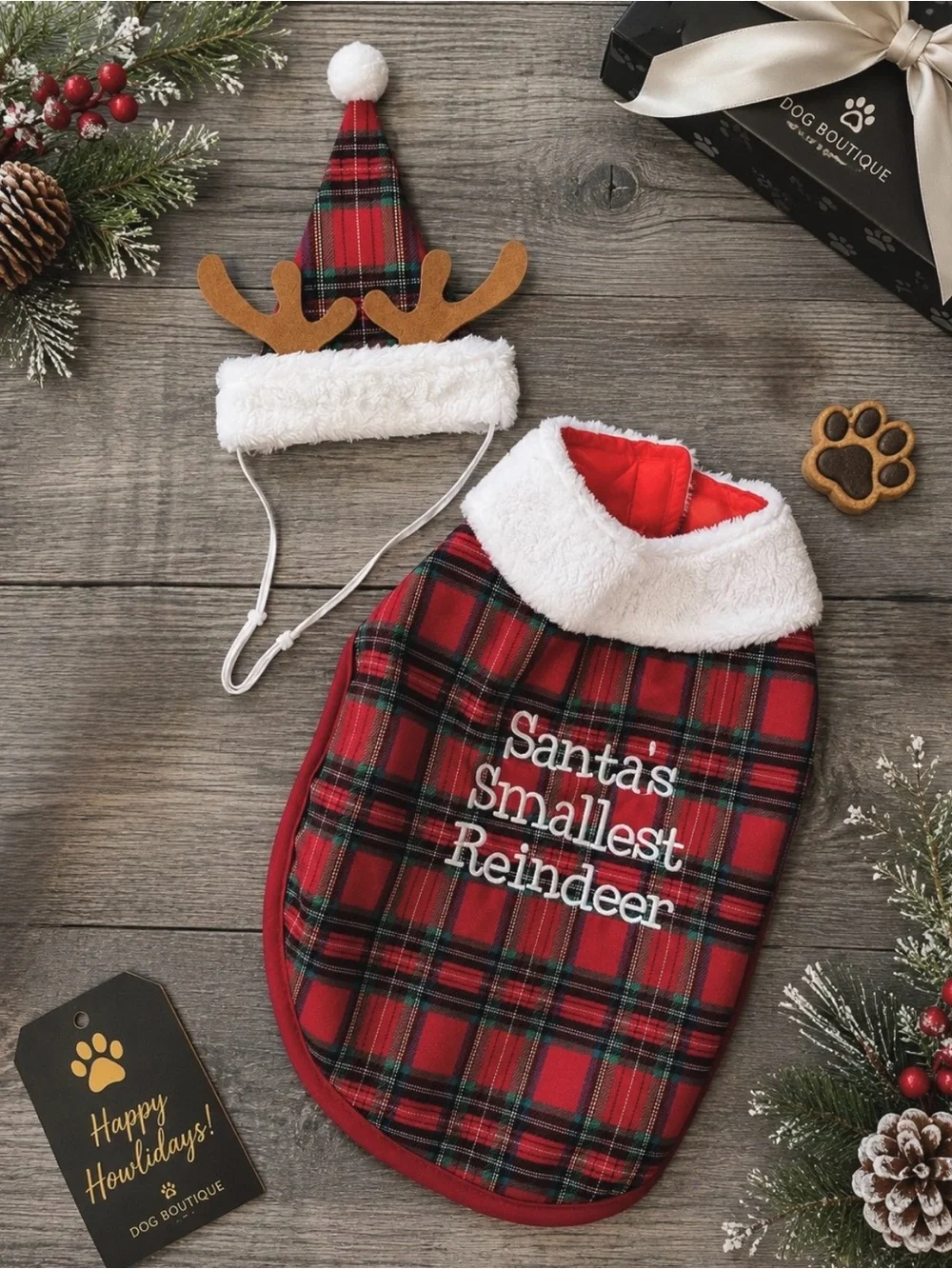 Santa’s Smallest Reindeer Dog Christmas Outfit & Matching Antler Hat | Size: M
